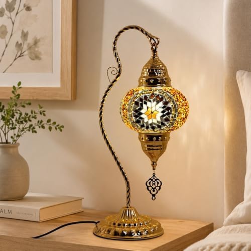 GOGERS Turkish Mosaic Table Lamp, Moroccan Style Swan Neck Bedside Lamp with Handmade Glass Shade, LED Bulb Included, Warm Ambient Decorative Accent Lamp for Bedroom, Living Room, Nightstand (Brown) - Image 6