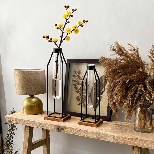 Houmury Test Tube Vase Set of 2, 11&12.5 Inch Flower Vases with Iron Stand & Wood Base, for Home Décor, Table Decor, Modern Farmhouse Decor, Hydroponic Plants - Image 4
