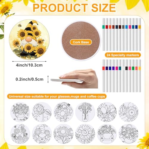 Potchen 12 Pcs Color Your Own Coaster DIY Kits,Sunflower - Image 2