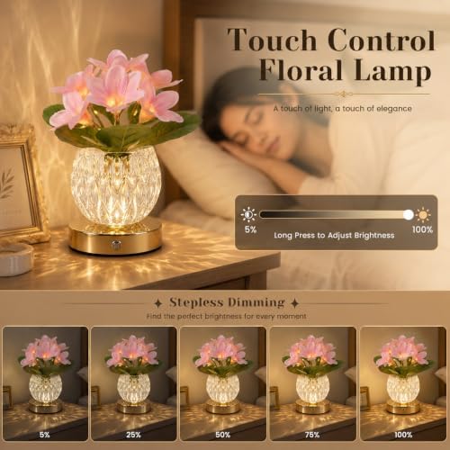 Flower Table Lamp, 3 Colors Touch Dimming Magnolia Glass Night Light, Rechargeable Artificial Flower Light, LED Flower with Vase Lamp Romantic Decor for Date Party Home (Pink - Magnolia) - Image 2