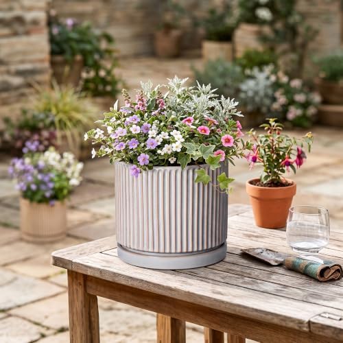 8 Inch Plant Pots, Ceramic Flower Pot, Round Planter with Tray, Grey - Image 4