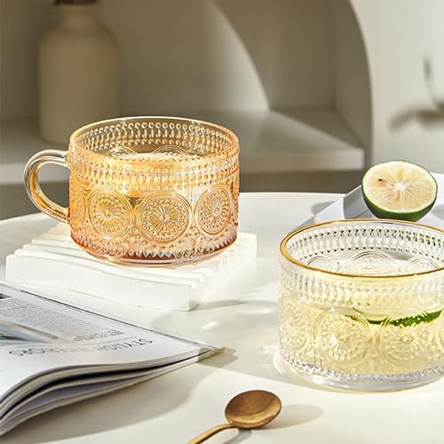 MFACOY Vintage Coffee Mugs Set of 2, 14 oz Glass Tea Cups with Handle, Amber Embossed Glass Cups for Cappuccino, Latte, Cereal, Milk, Hot or Cold Beverages - Image 4