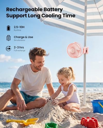 Gaiatop Portable Clip on Fan Battery Operated, Small Powerful 3 Speed Quiet 360° Rotate, USB Rechargeable Mini Personal Cooling Fan for Desk Table Home Office Stroller Camping Women Gifts Pink - Image 4