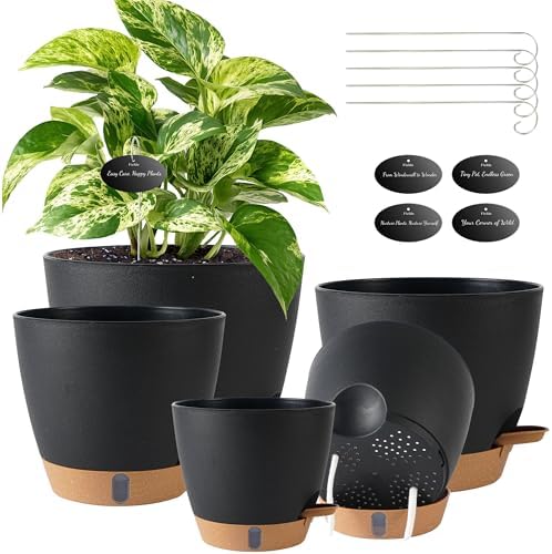 Self Watering Pots for Inoor Ourdoor Plants 8/7/6.5/6/5" Plastic Planters by Fielda