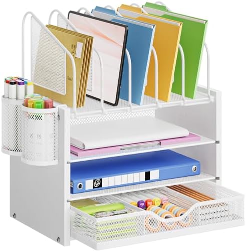 Marbrasse Desk Organizer with Drawer, 4-Tier Wooden File Organizer with 5 Vertical File Holders and 2 Pen Holders, Desk Organizers and Accessories for Home Office - White by Marbrasse