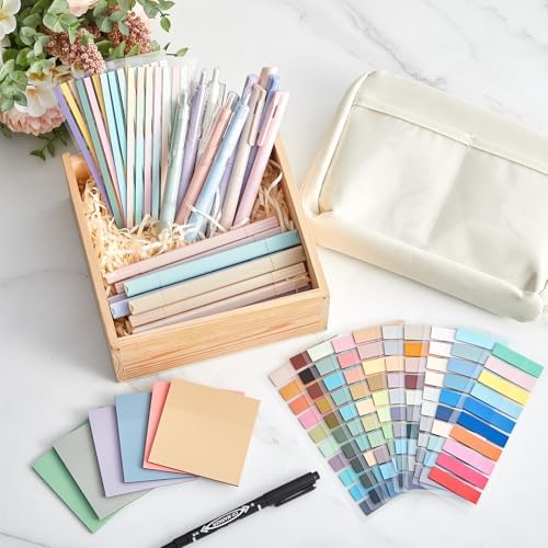 135 Pcs Book Annotation Kit Aesthetic Pencil Case Bag 12 Highlighter 11 Gel Pen 1 Marker 300 Sheet Transparent Sticky Notes Pad 2640 Index Stickers Bible Study Supplies(Kawaii,Beige) - Image 4