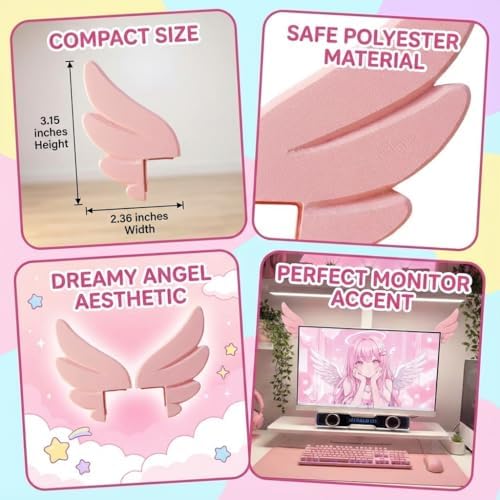 Kawaii Pink Angel Wings Monitor Decor - Aesthetic Gaming Setup Accessories for Girl Gamers & Anime Lovers, Unique Self-Adhesive Computer Ornament (Left & Right Wings) - Image 2