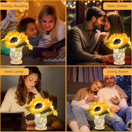 Flower Desk Lamp, Sunflower USB Rechargeable Touch Stepless Dimming Table Lamp, LED Artificial Plants Flower with Vase Night Light, Glass Vase Lamp for Room Home Festival Decor (Sunflower - 3 Head) - Image 4