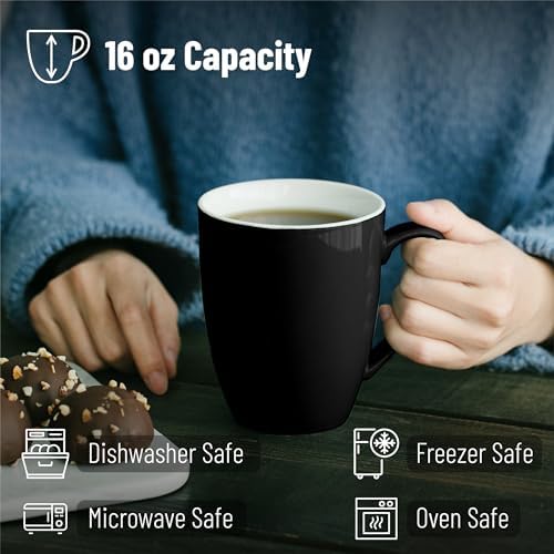 BTaT- Porcelain Coffee Mugs Set, 16 Ounces, 4 Pack, Black Ceramic Coffee Mugs with Handle, Restaurant Cups for Mocha, Tea, Cappuccino, Cocoa, Cereal, Mug Gift Set, Dishwasher Safe - Image 3