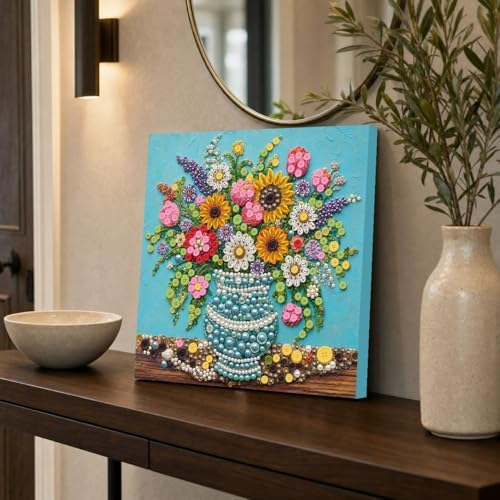Framed Button Art Kit 11.8" DIY Mosaic Craft for Adults(Sunflower Blue Vase) - Image 3