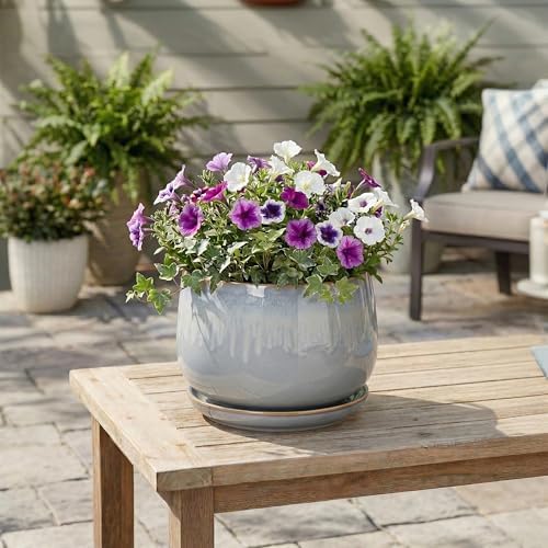 9 Inch Ceramic Pots for Plants, Indoor Plant Pots, Grey-White - Image 3