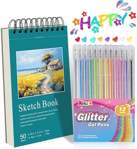 Xmusk 12 Colors Glitter Gel Pens Set with A5 Sketchbook (50 Sheets 120gsm) by Xmusk
