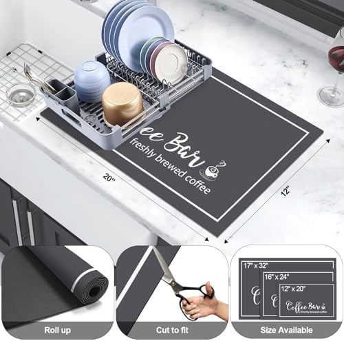 Findosom Dish Drying Mat, 12"x 20" Super Absorbent & Hide Stain Coffee Mat, Cuttable Drying Mat for Kitchen Counter, Coffee Bar Accessories, Under Dish Rack, Coffee Maker, Espresso Machine, DarkGrey - Image 2
