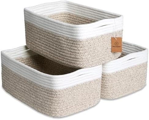 NaturalCozy 13.5”x8.5”x5.5” Storage Baskets for Shelves 3 Pack | Cotton Rope Woven Small Baskets for Organizing | Small Storage Bins for Nursery, Bathroom, Closet, Cube Shelf, Decorative, Gift by NaturalCozy