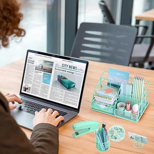 KAAKOW Green Desk Organizers and Accessories Office Supplies Set Stapler, Pen Holder, Phone Holder, Scissors, Pen, Ruler, 30 Paper Clips, 22 Binder Clip, 20 Tacks and 1000pcs Staples - Image 6