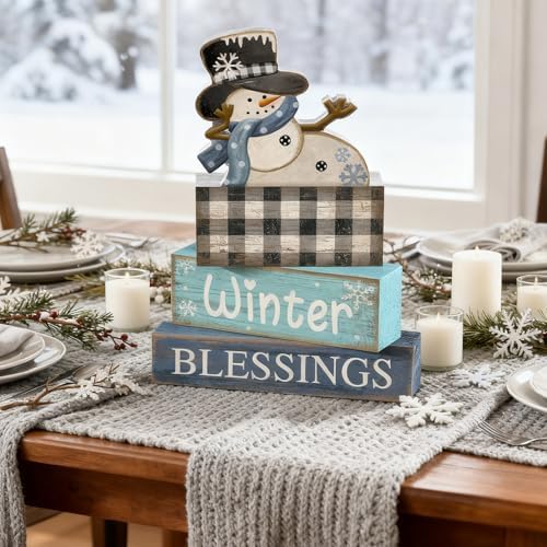 Moucuny 4 Pcs Winter Snowman Wooden Signs Farmhouse Tiered Tray Decor - Image 4