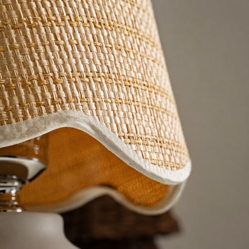 11" Small Mini Boho Table Lamp – Handmade Ceramic Cream Base with Scallop Woven Rattan Shade, Dimmable Plug-In Accent Light for Bedroom, Nightstand, Small Spaces, Kitchen Counter, Bookshelf - Image 3