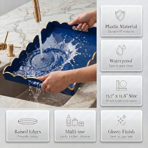 Gesodant Scalloped Glossy Plastic Lacquer Decorative Tray, 15.7 x 11.8 Inch Rectangle Serving Tray with Handles for Coffee Table, Ottoman, Bedroom Vanity, Living Room Centerpiece (Royal Blue & Gold) - Image 5