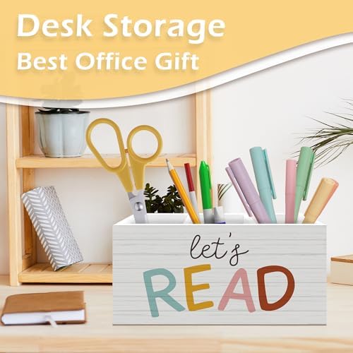 Book Lovers Gifts Pen Pencil Holder, Book Reader Gifts, Boho Desk Accessories, Let's Read Wooden Pen Pencil Organizer for Reading Room Corner Nook Classroom Library Desk Decor - Image 2