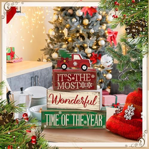 Moucuny 4 Pcs Christmas Red Truck Centerpiece Wooden Block Signs Tabletop - Image 6