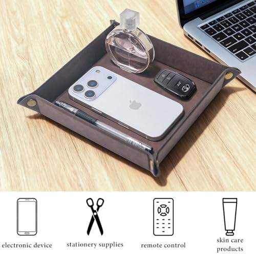 Valet Tray Desktop Storage Organizer – Premium PU Leather Catchall Bedside Vanity Tray Nightstand Caddy Holder for Remote Controller, Keys, Phone, Wallet, Coin, Jewelry,Brown - Image 5