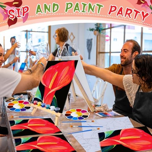 Motipuns 6 Set Pre Drawn Canvas for Painting for Adults Sip and Paint Kit with Easels 8 x 10 Inches Paint Party Kit with Printed Canvas Paints Brushes Palette Apron(Calla Flower) - Image 4