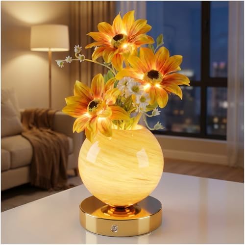 Sunflower Lamp – Rechargeable Wireless Touch-Control Dimmable Faux Flower Desk Light, LED Glass Planet Vase Night Light, Kitchen Bedroom Office Decor, Housewarming Gift Women and Mom by SXDLEDShareQualityLife