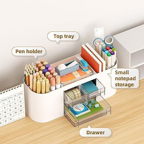 Marbrasse Desk Organizer Pen Holder for Desk with 3 Drawers, Multi-Functional Pencil Holder, Desk Organizers and Accessories with 7 Compartments for Home, School, Classroom(White) - Image 3