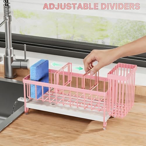 Cisily Sponge Holder for Kitchen Sink, Sink Caddy Organizer with High Brush Holder, Kitchen Countertop Organizers and Storage Essentials, Rustproof 304 Stainless Steel (Pink, 9.25″) - Image 4