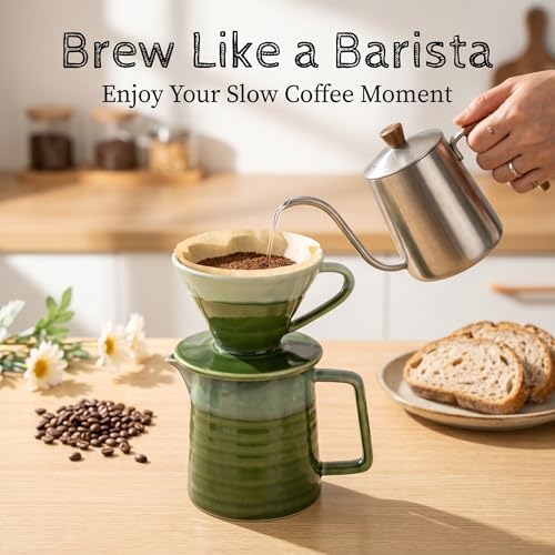 Topadorn 15oz Pour Over Coffee Maker Set, Ceramic Dripper & Carafe, Green - Image 2