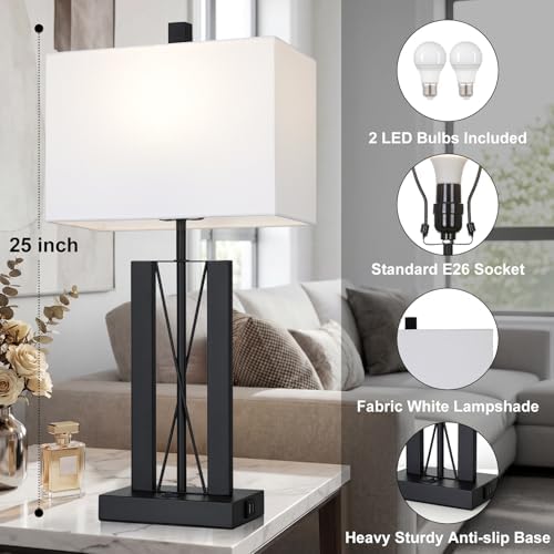Lolikit 25" Table Lamps for Living Room Set of 2, Modern Table Lamp with 2 USB Charging Ports, Nightstand Geometric Bedside Lamp with White Shade for Bedroom End Table Desk Office(2 LED Bulb Included) - Image 3