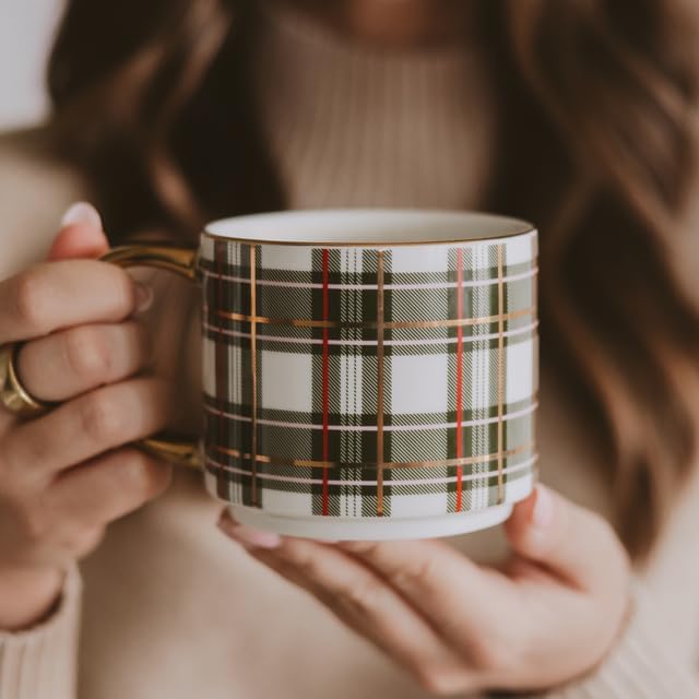 Sweet Water Decor Green Plaid Coffee Mug, 14oz China Christmas Mug with Gold Handle, Large Holiday Winter Cup for Coffee, Tea & Hot Chocolate, Stocking Stuffer Gifts for Women