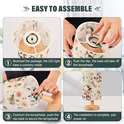 ALAZA Cow Daisy Farm Animal Lamp for Girls Boys Bedroom Bedside Table Lamp with USB Port LED Kids Nightstand Lamp Wood Base Desk Living Room Decor - Image 5