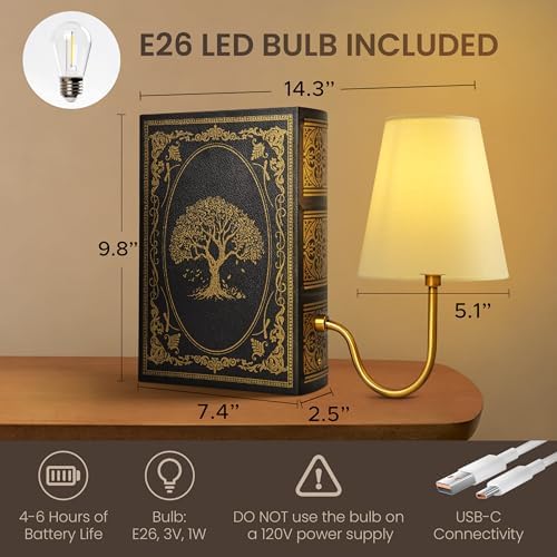 AELS Vintage Bookshelf Lamp with Bulb, Cordless Rechargeable Touch Dimmable Table Lamp with Linen Shade, Modern Bookend Lamp for Bedroom, Office & Bookshelf Decor, Tree of Life Black & Gold - Image 2