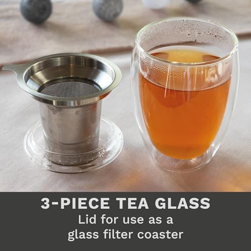 Creano Double Walled Tea Glass with Stainless Steel Filter and Glass Lid - 14oz (400ml) - Image 3