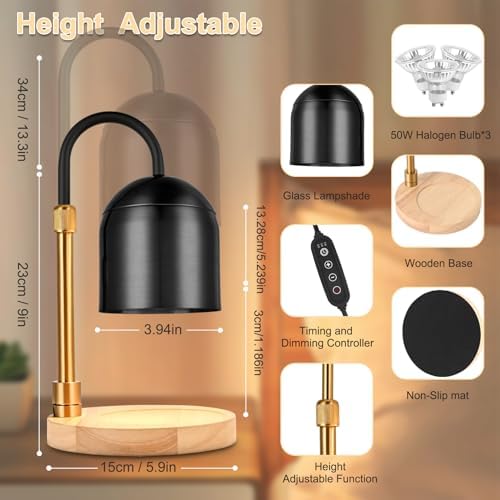 Candle Warmer Lamp with Timer,Electric Candle Warmer with Dimmer Adjustable Height, Electric Wax Melt Warmer for Scented Jar Candles Vintage Home Decor,2/4/8H Timer 2 Bulbs, Black, SKTL-3001 - Image 5