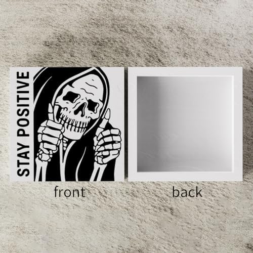 Inspirational Skeleton Man Wooden Box Sign Plaque Stay Positive White Wood Box Sign Rustic Art Home Office Shelf Desk Decor 5 x 5 x 1.2 Inches - Image 3