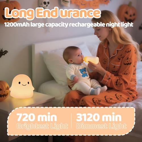 Rytinazzz Halloween Ghost Night Light, Color-Changing & 50-Hour Battery, Spooky-Cute Squishy Lamp for Kids, USB Rechargeable with Timer, Halloween Decor & Gifts - Image 2