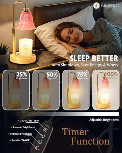 Funistree Small Candle Warmer Lamp with Timer, Adjustable Pink Flower Candle Heat Lamp, Christmas Birthday Gifts for Women Mom Her, Dimmable Candles Heater, Fashion Wax Warming Light with Wood Base - Image 3