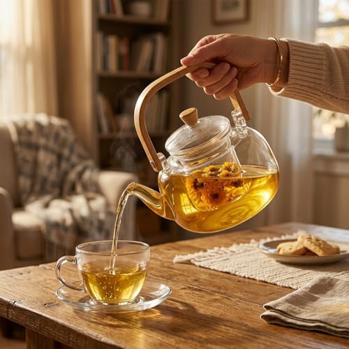 1500ml (50.72oz) Borosilicate Glass Teapot with Wooden Handle, Stovetop Safe Large Tea Kettle with Removable Glass Infuser for Blooming Tea & Loose Leaf Tea - Image 6