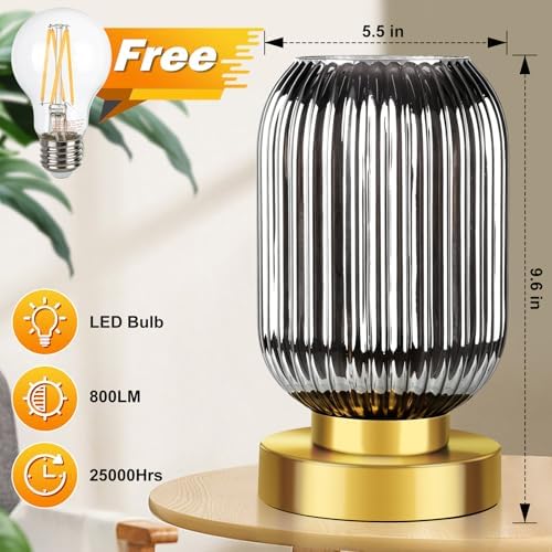 Mid Century Modern Table Lamp with Smoke Grey Ribbed Glass Shade, Touch Control & 3 Way Dimmable, Small Gold, Vintage Bedside Lamp for Bedroom, Living Room, Office (Bulb Included) - Image 5