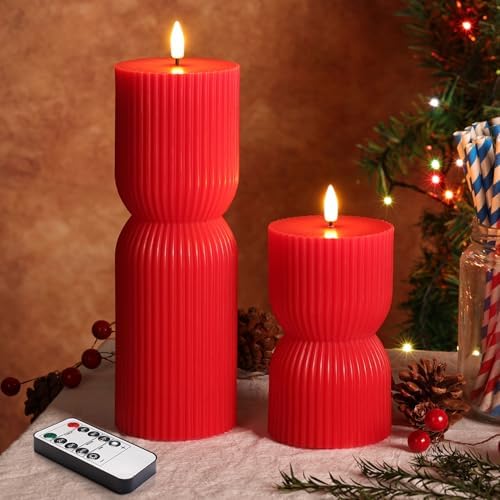 Red Ribbed Flameless Pillar Candles with Remote Set of 2 by Girimax