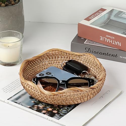Hipiwe Natural Rattan Tray 8.5" Wicker Key Basket Bowl for Entryway Table - Image 3