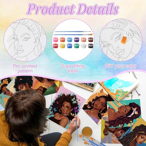 Blosssound 10 Set Pre Printed Canvas Pre Drawn Canvas Painting with Easel Kits 5" x 7" Outline Painting Panels for Beginners, DIY Craft Project, Home Decors(Black Women) - Image 4