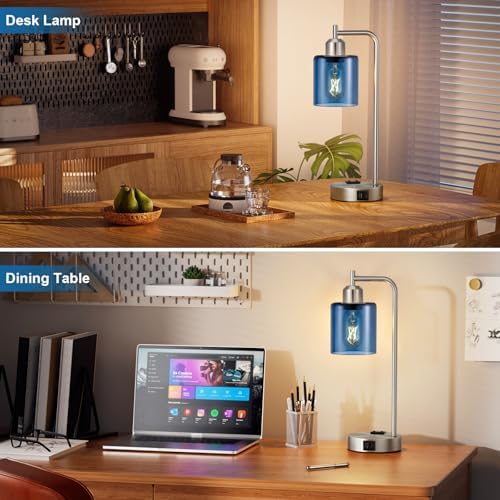 Innqoo Industrial Blue Table Lamps for Bedrooms Set of 2-3-Way Dimmable Desk Lamp with USB C+A Ports and Outlet, Nickel Lamps with Green Glass Shade for Living Room - Image 6