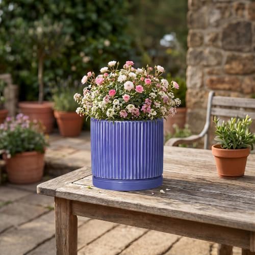 6 Inch Ceramic Pots for Plants, Round Plant Pot with Tray, Blue - Image 6