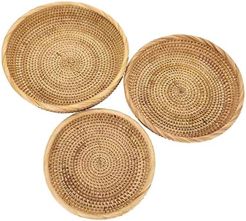 Hipiwe Set of 3 Key Basket Bowl for Entryway Woven Wicker Storage Basket Bowl Round Rattan Serving Basket Tray Fruit Snacks Candy Organizer Bowl for Keys Wallet Cell Phone Home Decor by Hipiwe