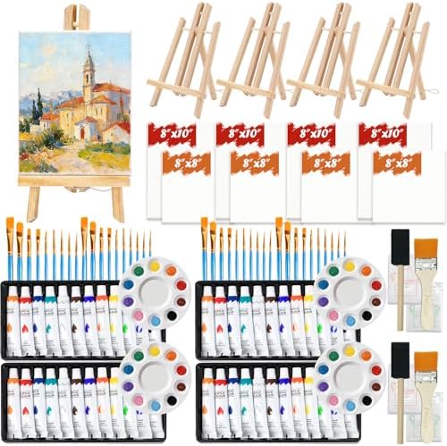 4 Set Acrylic Paint Sets for Adults, Canvas Painting Kit, Paint Kits for Adults, Canvas and Easel Set, 12-Color Acrylic Paints, Brushes, Easel, Palette - for Beginners and Professionals by Unknown