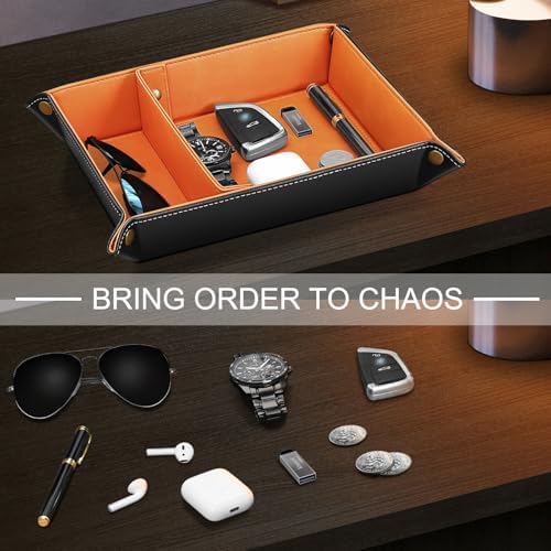 SITHON Valet Tray Desktop Storage Organizer, Removable 2 Compartments Catchall Tray Bedside Vanity Nightstand Caddy Holder Desk Storage Plate, Orange - Image 5
