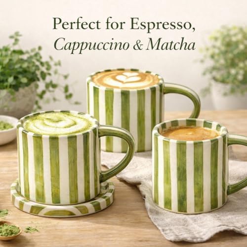 8oz Handmade Ceramic Espresso Mug with Coaster, Speckled Glaze Aesthetic Coffee Cup, Minimalist Striped Cappuccino Flat White Mug, Microwave Safe (green) - Image 5